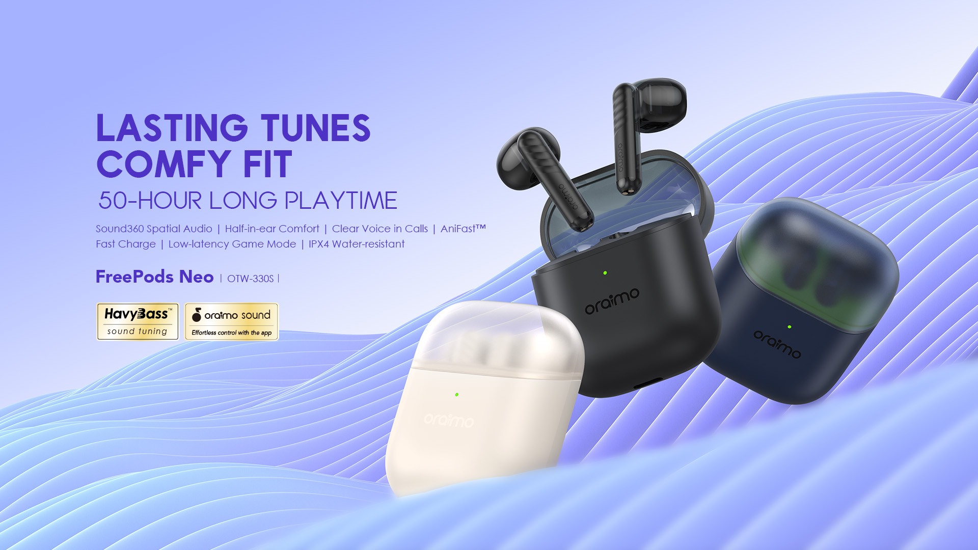 Oraimo True Wireless In-Ear Earbuds, FreePod Neo, Sound 360 Spatial Audio, Half-in-ear design, 50 hour Play Time, IPX 4 Water Resistant, 2-Mic Call Noise Cancellation, Low-latency Game Mode, AniFast™ Fast Charge, Compatible with Oraimo Sound App OTW-330S